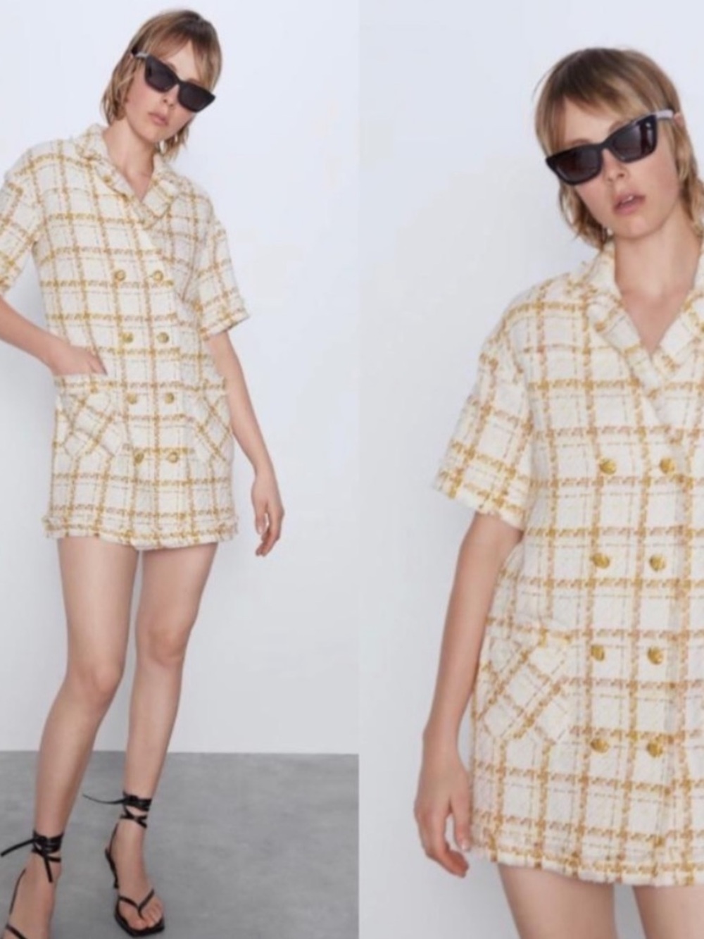 Zara Tweed Cream Yellow Plaid Mini Dress Small Gold Buttons Chanel Blazer Style